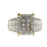 A square-shape and brilliant-cut diamond cluster dress ring.