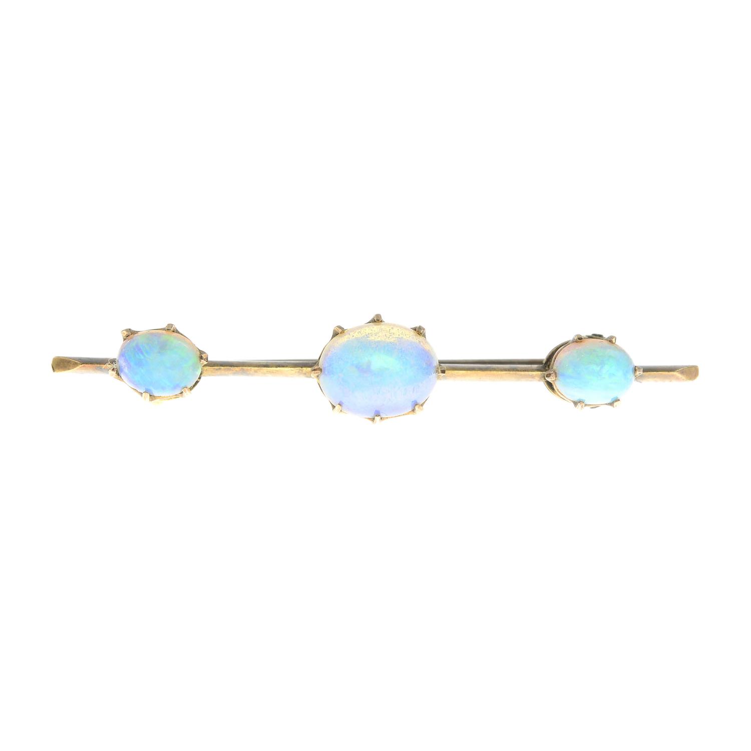 An early 20th century gold opal brooch.Length 4.3cms.