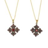 Two garnet pendants, with two 9ct gold chains.Chains with hallmarks for 9ct gold, weight 2.6gms.