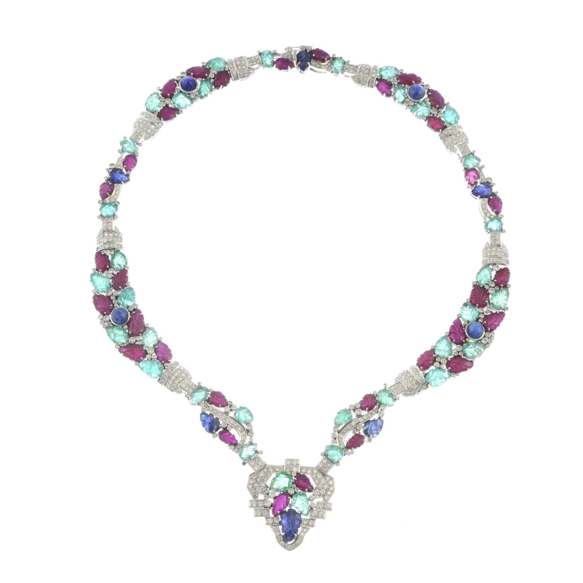 A geometric necklace, set with diamond and carved ruby, emerald and sapphire. - Bild 2 aus 5