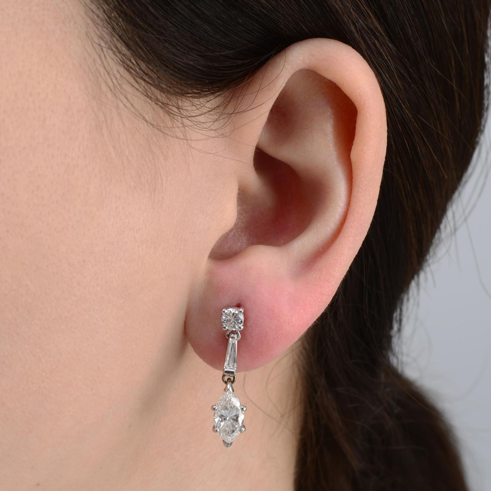 A pair of vari-cut diamond drop earrings.Estimated total diamond weight 2.54cts.One principal