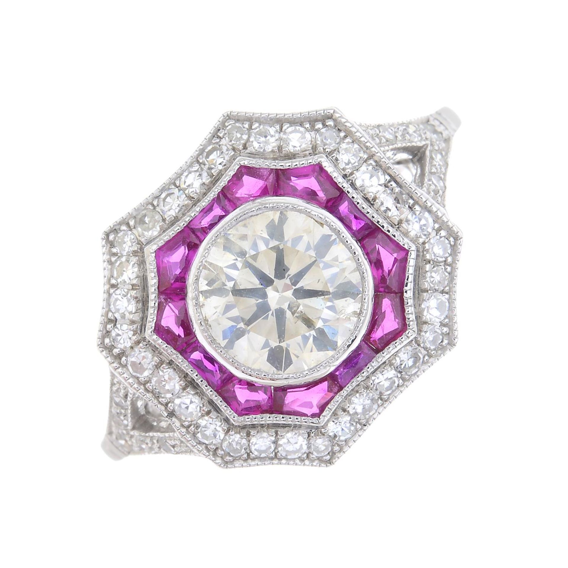 A brilliant-cut diamond and ruby dress ring.Principal diamond estimated weight 0.80ct, - Bild 5 aus 5