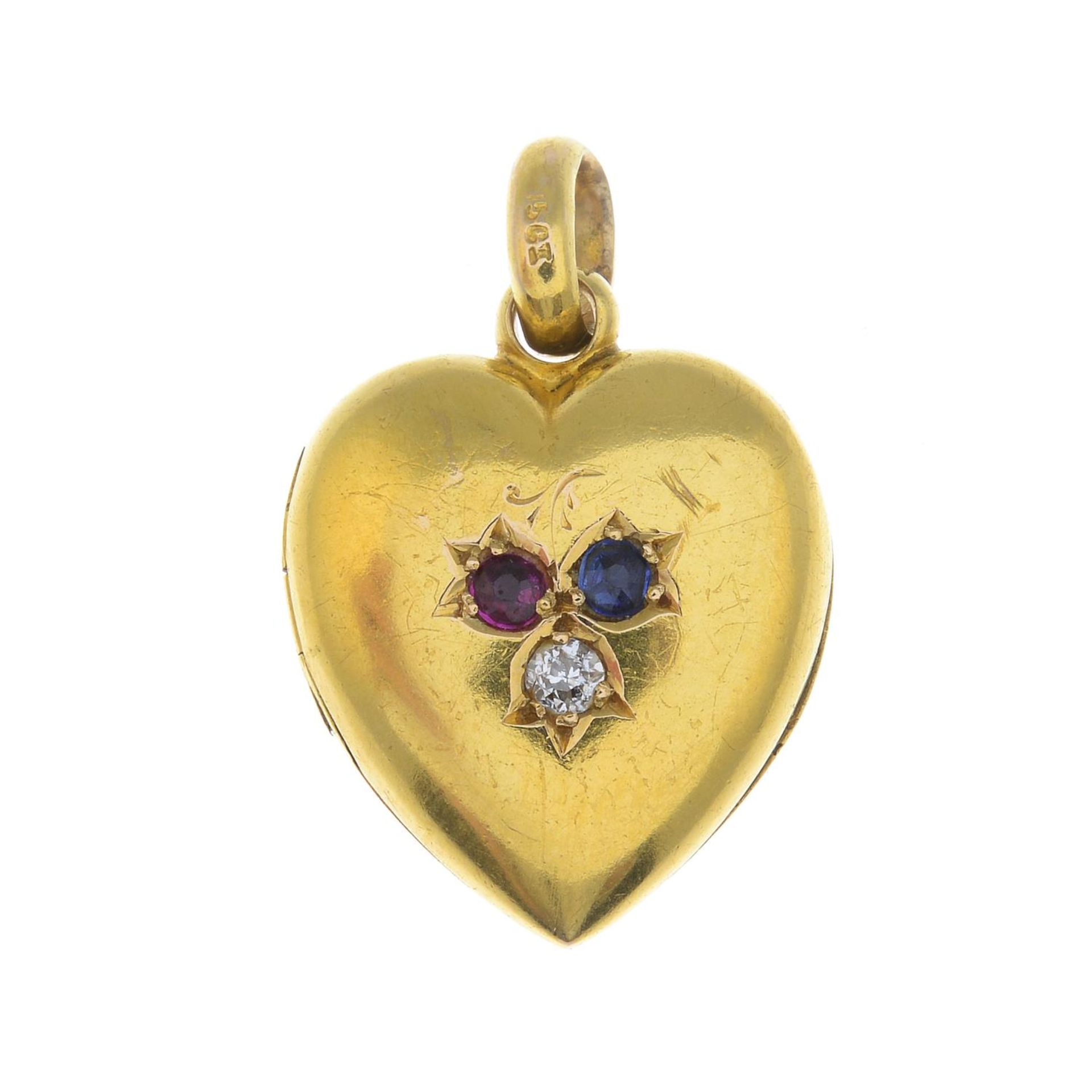 A late Victorian 15ct gold ruby, sapphire and diamond heart locket pendant. - Bild 5 aus 5