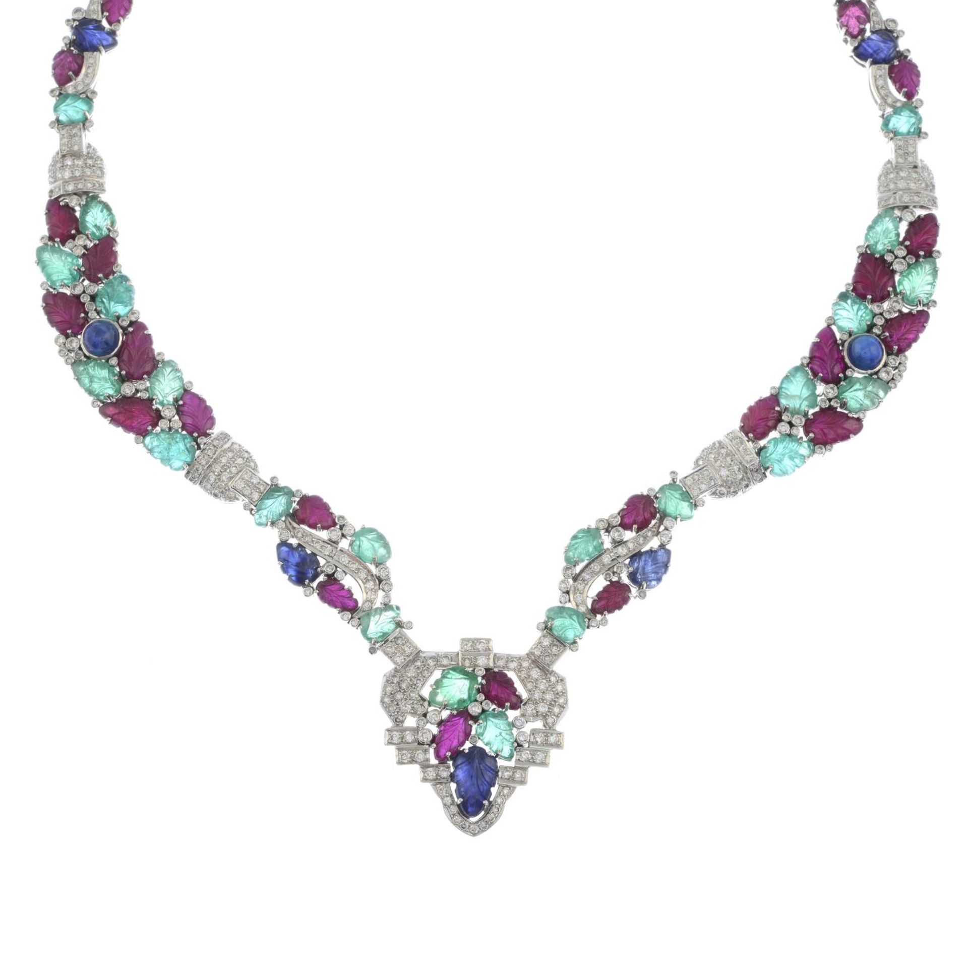 A geometric necklace, set with diamond and carved ruby, emerald and sapphire. - Bild 5 aus 5