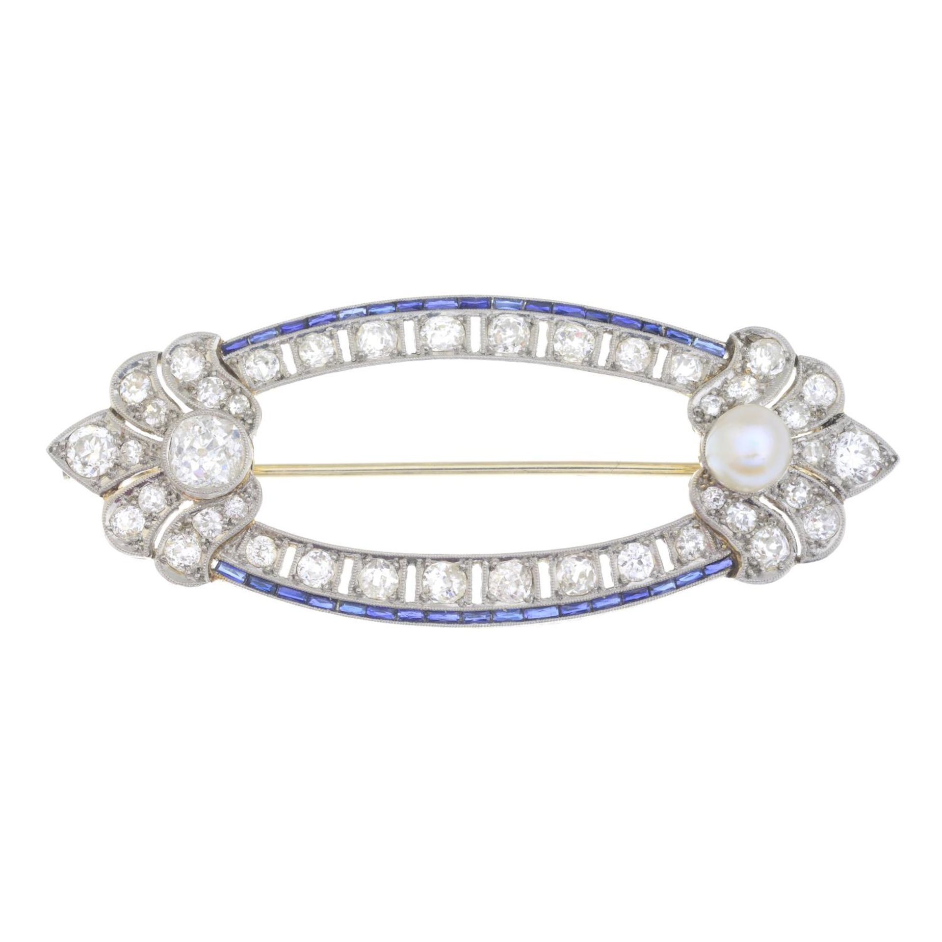 A mid 20th century gold old-cut diamond, pearl and calibre-cut sapphire brooch. - Bild 5 aus 5