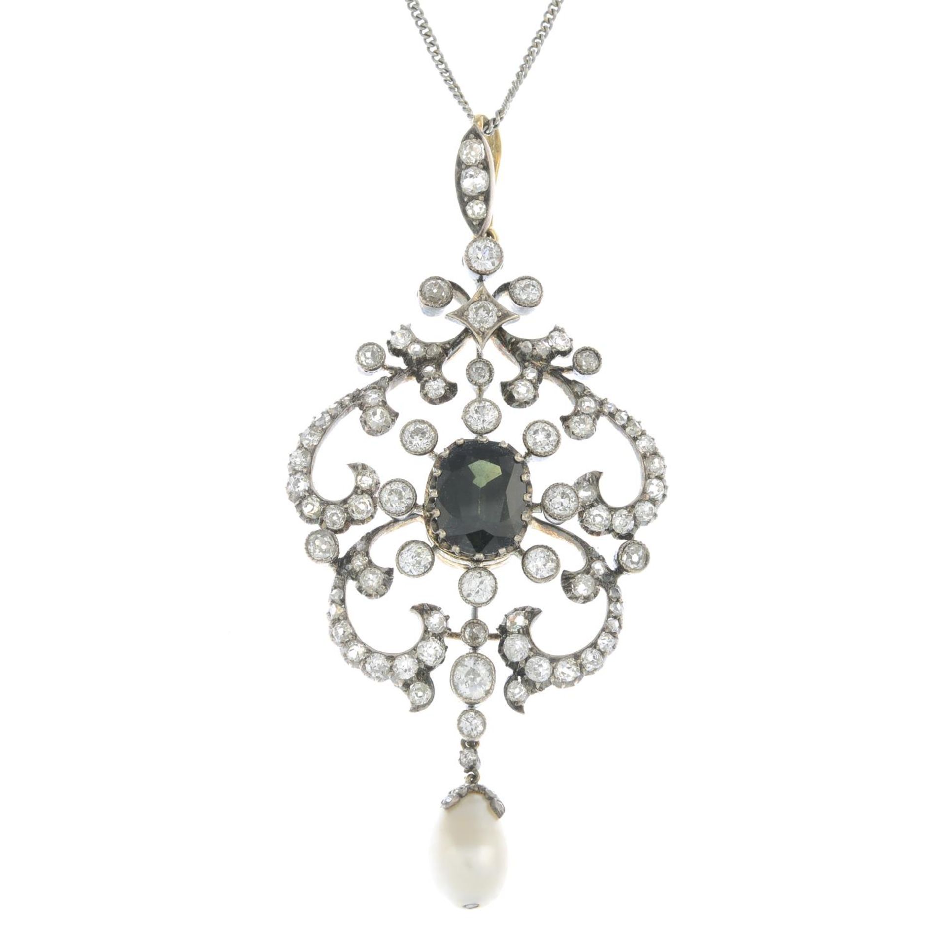 A late Victorian silver and gold green tourmaline, pearl and diamond pendant, with later chain. - Bild 5 aus 6