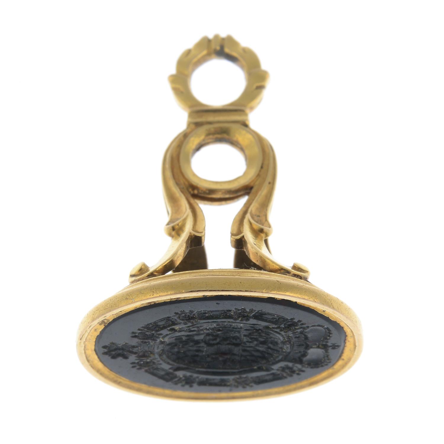 A Georgian 18ct gold carved bloodstone seal.Carved with the Coat of Arms of Frederick Michael, - Image 7 of 7