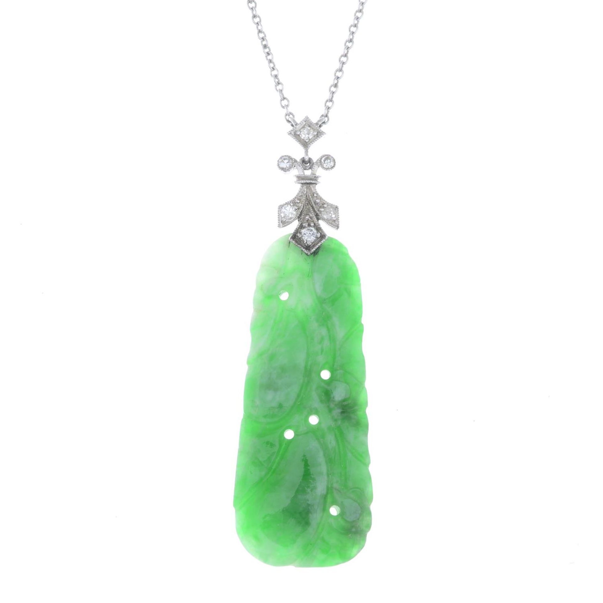 An early 20th century carved jadeite and vari-cut diamond pendant, - Bild 2 aus 6