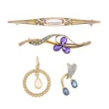 A selection of jewellery, to include two rings, four pendants and two brooches.