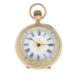 A late 19th century gold pocket watch, with enamel dial.Length 4.8cms.