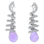 A pair of amethyst briolette and diamond drop earrings.Estimated total diamond weight 0.50ct.