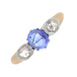 A sapphire and diamond three-stone ring.Ring size J.