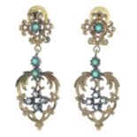 A pair of chrysoprase and rose-cut diamond earrings.Length 4.5cms.