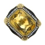 A citrine, seed pearl and enamel bi-colour cluster ring.Citrine calculated weight 10.32cts,