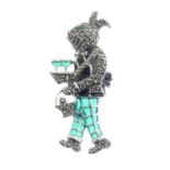 A chrysoprase, pyrite and plique-a-jour enamel novelty brooch, depicting a rabbit serving drinks.