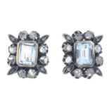 A pair of aquamarine and rose-cut diamond earrings.Aquamarine calculated weight 1.47 and 1.54cts,