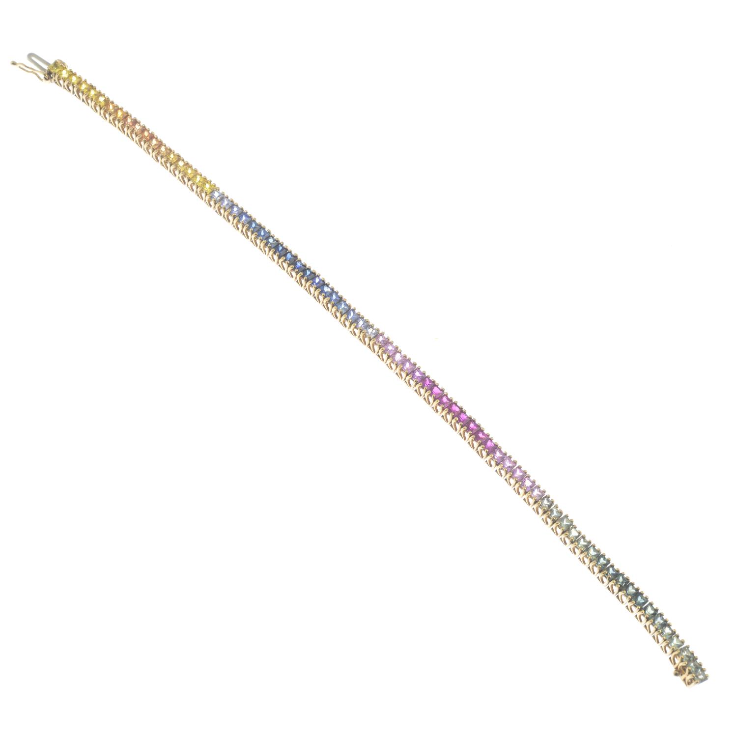 A 9ct gold vari-hue sapphire bracelet.Hallmarks for 9ct gold. - Image 2 of 2