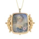 A painted portrait miniature locket pendant, depicting a lady, with 18ct gold chain.