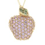 A 9ct gold cubic zirconia apple pendant, with chain.Pendant with hallmarks for 9ct gold.