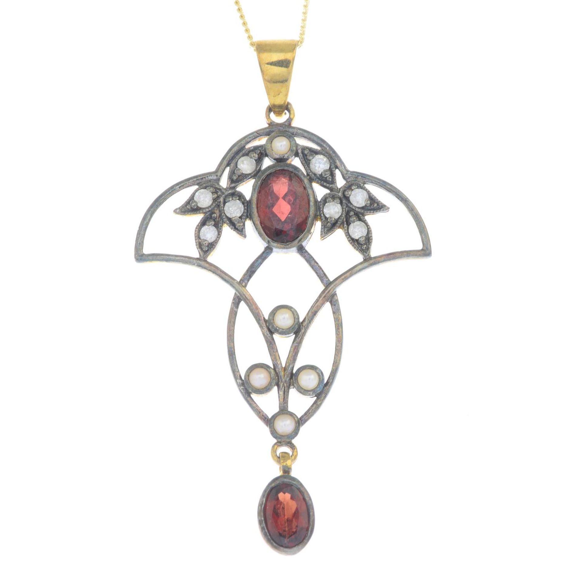 A garnet, diamond and seed pearl pendant,