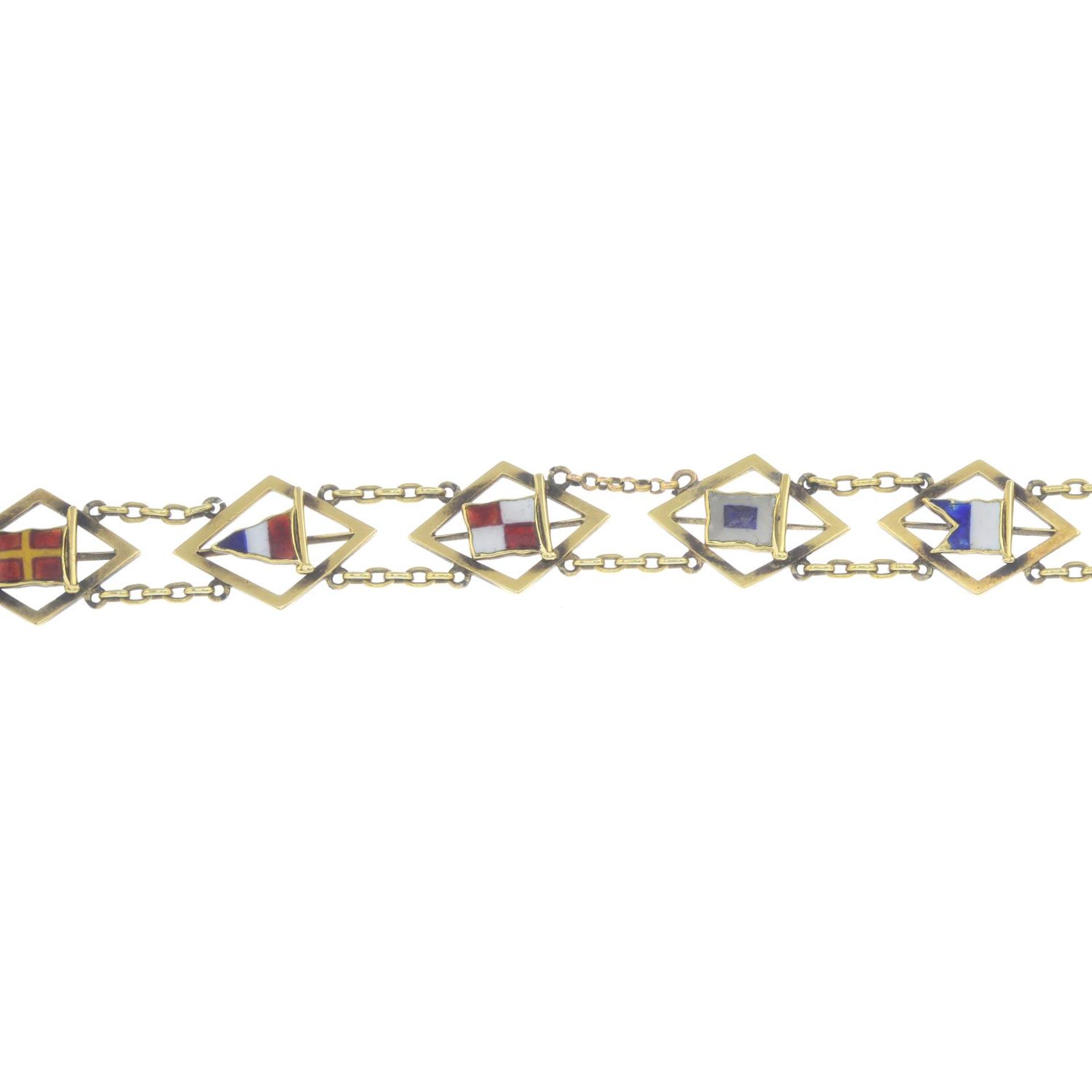 A poly-chrome enamel bracelet, with flag motif.Stamped 15CT.