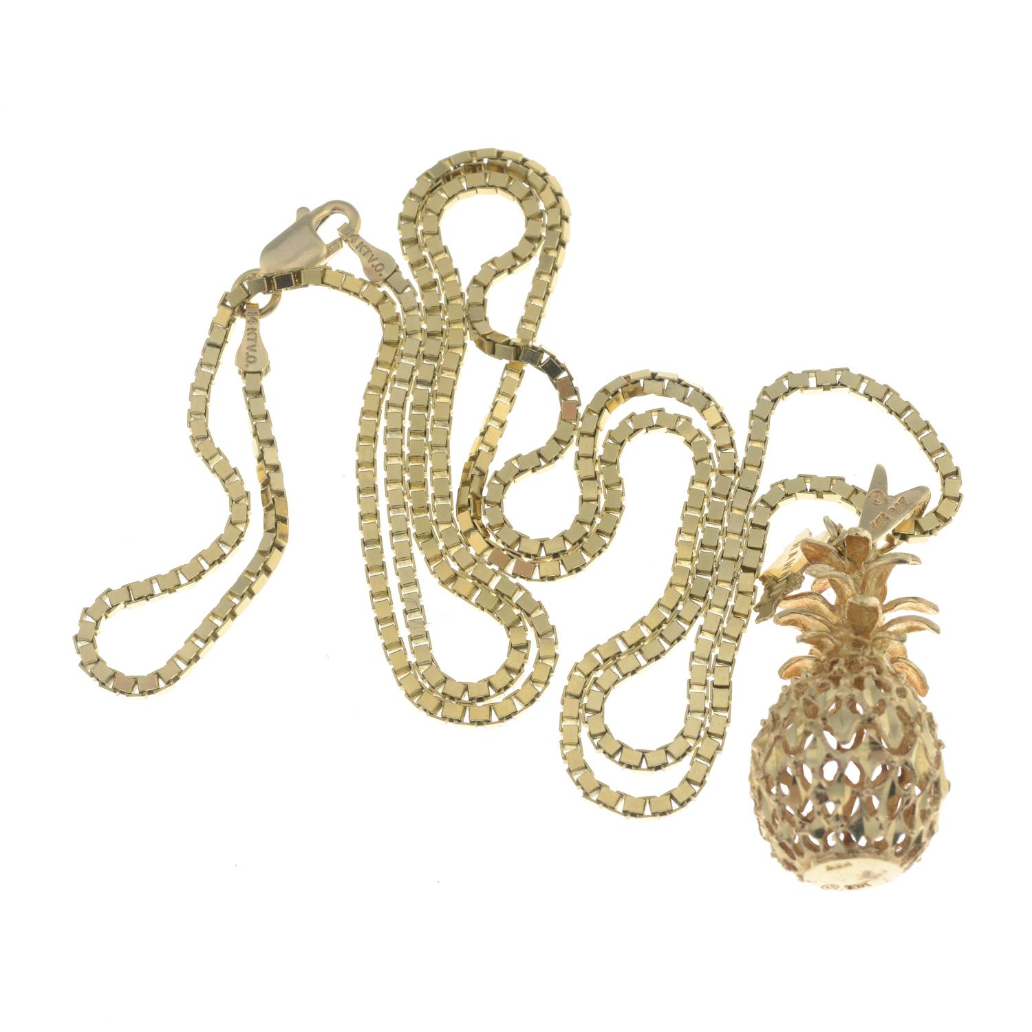 A pineapple openwork pendant, with box-link chain.Stamped 14K. - Image 2 of 2