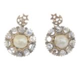 A pair of pearl and diamond earrings.Length 2.6cms.