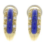 A pair of 18ct gold lapis lazuli and diamond earrings.Estimated total diamond weight 0.10ct.