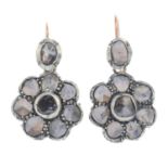 A pair of rose-cut diamond floral drop earrings.Length 3.2cms.