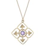 A 9ct gold amethyst openwork openwork pendant,