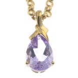 A 9ct gold amethyst pendant, with belcher-link chain.Pendant with hallmarks for 9ct gold.