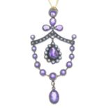 An amethyst, seed pearl and diamond pendant, with 9ct gold chain.