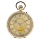 A late 19th century 14ct gold pocket watch, with engraved detail.Stamped 14K.