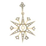 An early 20th century 9ct gold opal and split pearl star pendant.Stamped 9CT.
