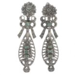 A pair of drop earrings, with emerald highlights.Length 7.6cms.