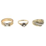 Three 9ct gold diamond and sapphire rings.Estimated total diamond weight 0.45ct.