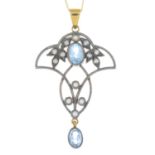 A diamond, blue topaz and split pearl pendant,