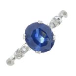 A platinum sapphire single-stone ring, with diamond accent shoulders.Sapphire weight 1.34cts.