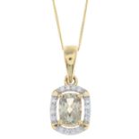 An 18ct gold diaspore and diamond pendant, with chain.Estimated total diamond weight 0.10ct.