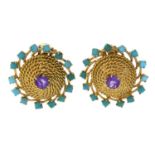 A pair of reconstituted turquoise and amethyst earrings.Stamped K18.