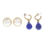 Lapis lazuli earrings, hallmarks for London, length 3.6cms, 11.3gms.