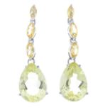 A pair of pear-shape prasiolite and marquise-shape citrine drop earrings.