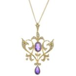 An amethyst and split pearl pendant, with 9ct gold chain.Pendant marked 15CT.