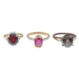 Three 9ct gold diamond and gem-set rings.Estimated total diamond weight 0.25ct.