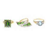 Three 9ct gold gem-set rings.Estimated total diamond weight 0.15ct.