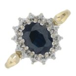 9ct gold sapphire and single-cut diamond cluster ring, hallmarks for London, ring size S, 1.9gms.