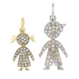 Two diamond pendants, depicting a boy and a girl.Estimated total diamond weight 1ct.