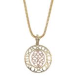 A 9ct gold bi-colour openwork pendant, with 9ct gold fancy-link chain.Hallmarks for 9ct gold.