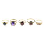 9ct gold ruby three-stone ring, hallmarks for 9ct gold, ring size L, 1.6gms.