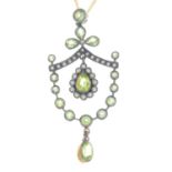 A peridot, seed pearl and diamond pendant, with 9ct gold chain.Chain with hallmarks for 9ct gold.